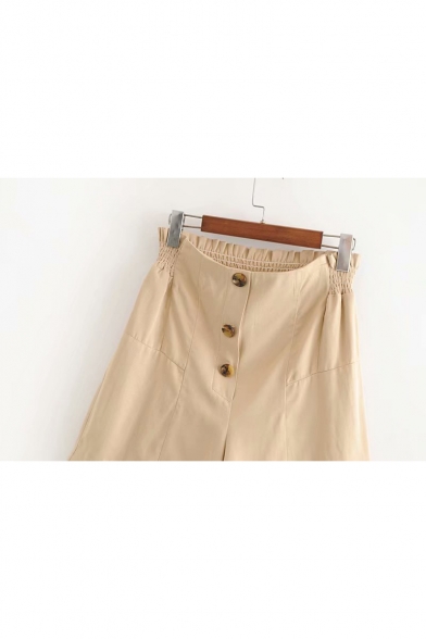 Womens Fashion Solid Color Button Fly High Rise Elastic Waist Casual Khaki Shorts