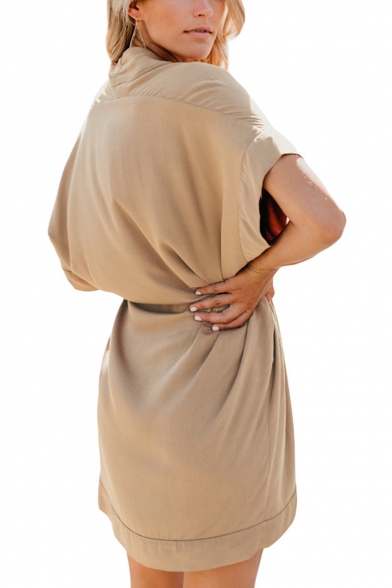 Womens Fashion Solid Color V-Neck Short Sleeve Tied Waist Mini Shirt Dress