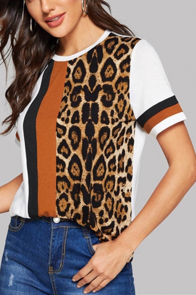 Womens New Fashion Leopard Printed Basic Short Sleeve Casual Tee