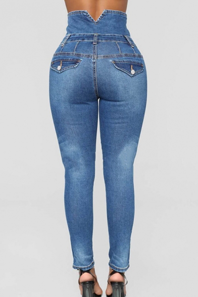 Womens New Trendy High Rise Button-Fly Ripped Skinny Fit Blue Jeans