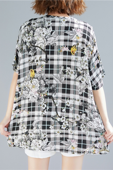 Womens Retro Check Floral Printed Basic Round Neck Short Sleeve Longline Linen T-Shirt