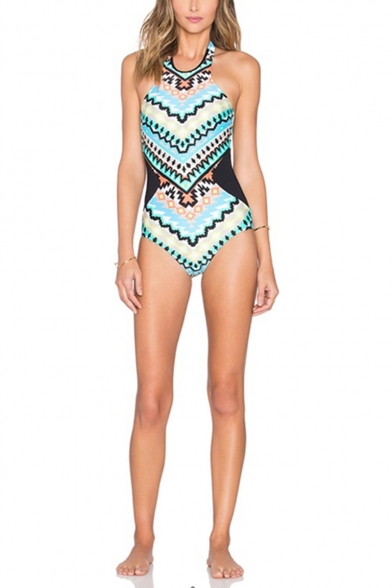 

Womens Summer Chic Ethnic Printed Halter Neck Slim Fit Blue One Piece Swimsuit Swimwear, LM516652