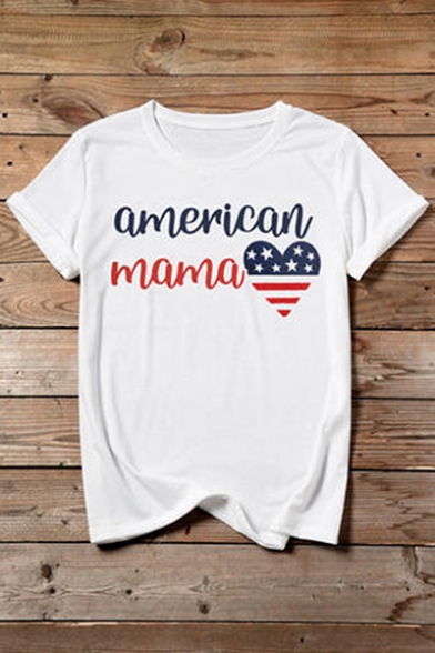 American Mama Letter Heart Flag Printed White Round Neck Short Sleeve Tee