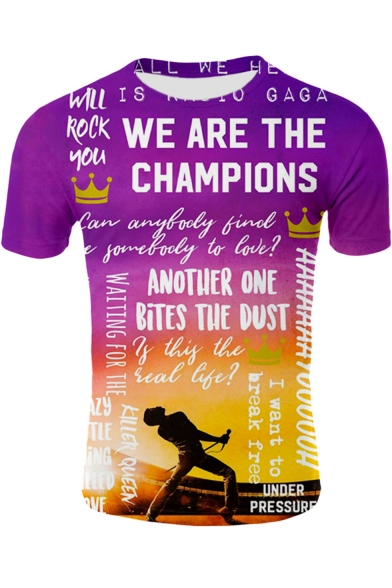 Cool Letter WE ARE THE CHAMPIONS Graffiti Printed Round Neck Short Sleeve Purple T-Shirt