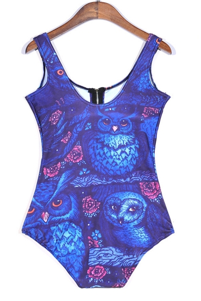Cool Night Owl Pattern Zip Up Scoop Neck Blue One Piece Swimsuit Swimwear