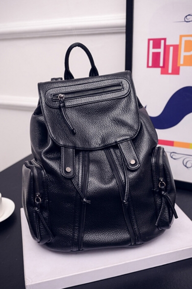 Cool Solid Color Zipper Embellishment Black Drawstring Backpack 23*17*32 CM