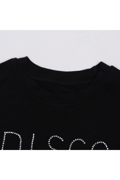 Cool Unique Hot Drill Beading Letter DISCO Streetwear Short Sleeve Black Cropped Tee for Girls