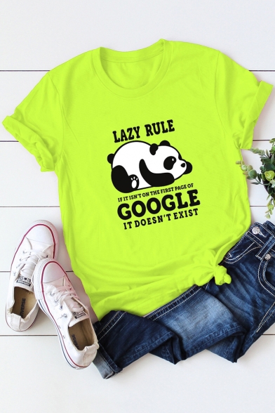 Cute Cartoon Panda LAZY RULE Short Sleeve Basic Casual Cotton Tee