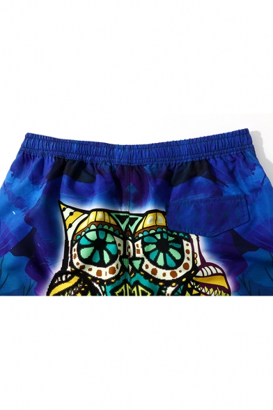 Dark Blue Drawstring Mens Trendy Owl Printed Swim Shorts with Pockets