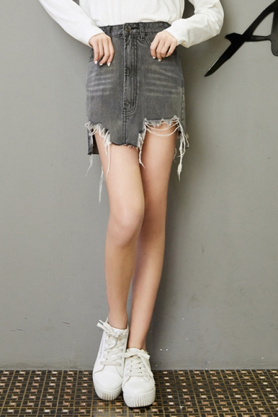 

Fashion Smoke Grey Summer Destroyed Frayed Hem Mini Asymmetrical Denim Skirt, LM519424