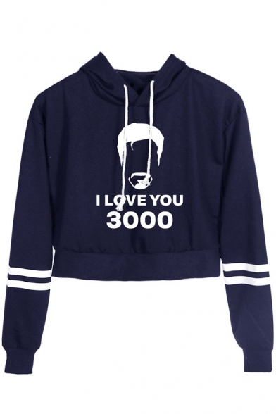 Fashion Stripe Long Sleeve Figure Letter I Love You 3000 Casual Cropped Hoodie