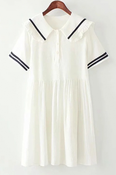 Girls Lovely Ruffled Sailor Collar Stripe Print Cotton A-Line Dress