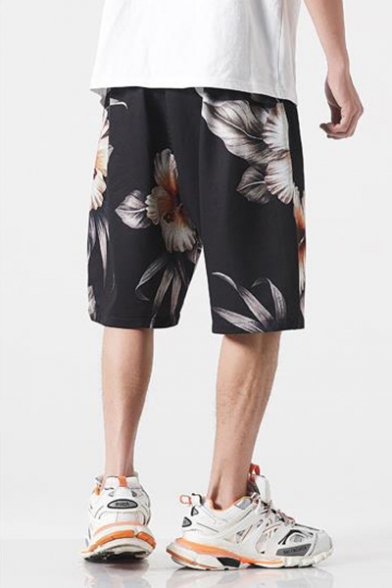 Guys New Trendy Floral Printed Quick Drying Loose Fit Beach Swim Trunks