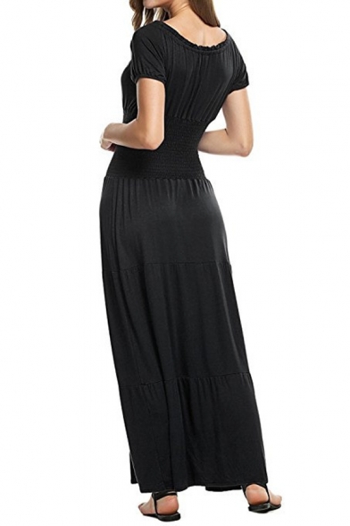 Hot Fashion Solid Color Ruffled Hem Tied Round Neck Short Sleeve Maxi Flared Dress