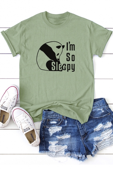 I'm So Sleepy Cartoon Panda Printed Basic Short Sleeve Cotton Graphic Tee