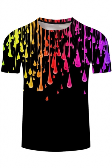 Men's Summer New Trendy 3D Splash-Ink Printed Basic Round Neck Short Sleeve Black T-Shirt