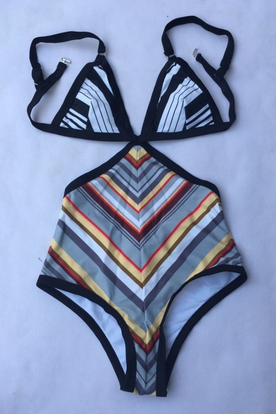 New Fashion Vintage Striped Print Sexy Plunged Neck Hollow Design One Piece Swimsuit