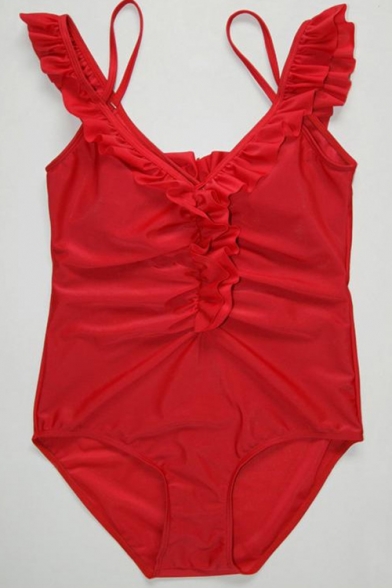 New Stylish Ruffle Hem Ruched Detail Solid Color One Piece Swimsuit for Women