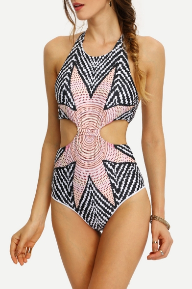 New Stylish Sunflower Striped Printed Halter Neck Cutout One Piece Swimsuit for Women