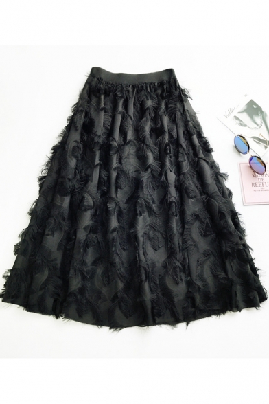 New Stylish Unique Tassel Feather Embellished Midi A-Line Skirt