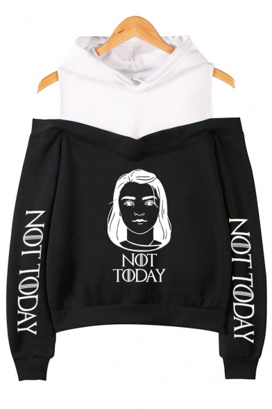 New Trendy Figure Letter NOT TODAY Cold Shoulder Fake Two-Piece Pullover Hoodie