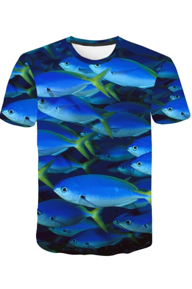 New Trendy Funny 3D Fish Printed Basic Round Neck Short Sleeve Dark Blue T-Shirt For Men
