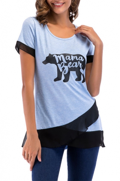 New Trendy MAMA BEAR Round Neck Short Sleeve Chic Mesh Panel Fitted T-Shirt for Women