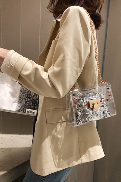 New Trendy Plain Colored Rivet Embellishment Transparent Sequin Crossbody Bag 20*8*15 CM