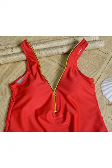 New Trendy Solid Color Sexy Zip Front Plunged Neck Womens Red One Piece Swimsuit Beautifulhalo Com