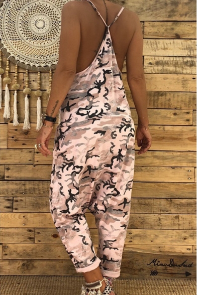 New Women's Camouflage V-Neck Sleeveless Loose Baggy Jumpsuits with Pockets