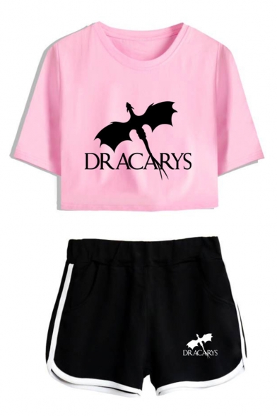 Popular Dragon Dracarys Short Sleeve Cropped Tee with Loose Shorts Sport Two-Piece Set for Girls