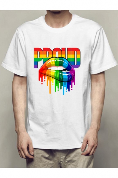 Popular Gay PROUD Rainbow Lip Printed Short Sleeve White T-Shirt