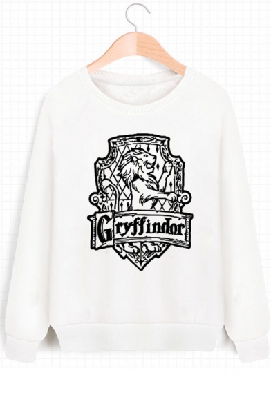 Popular Gryffindor University Logo Printed Round Neck Long Sleeve White Sweatshirt