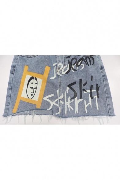 Streetwear Cool Cartoon Figure Letter Graffiti Raw Hem Summer Blue A-Line Mini Asymmetrical Denim Skirt