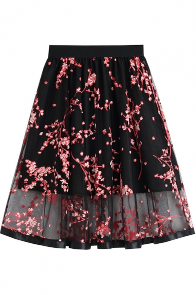 Summer Chic Floral Embroidery Gathered Waist Sexy Layered Mesh Midi A-Line Skirt