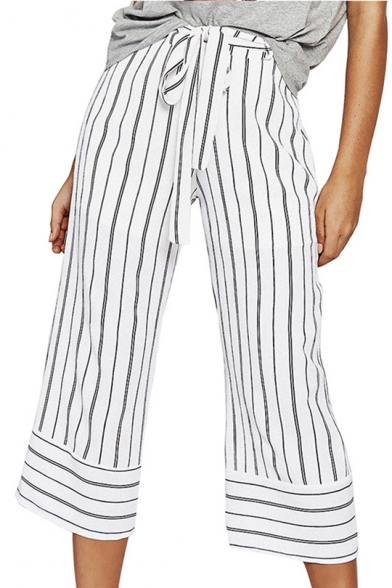 Summer Classic Trendy Stripe Printed Tied Waist Capri Wide Leg White Pants for Women