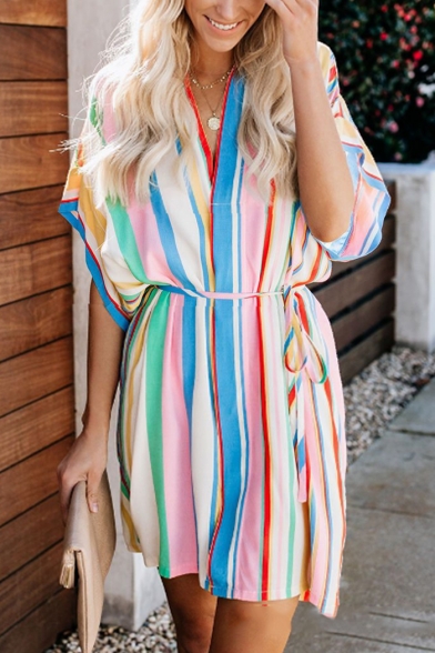 

Summer Fancy Rainbow Striped Printed Batwing Sleeve V-Neck Tied Waist Mini Dress, LM523522