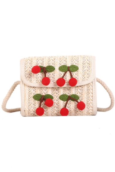 Summer Fashion Cherry Embellishment Beige Straw Crossbody Bag 17*7*13 CM