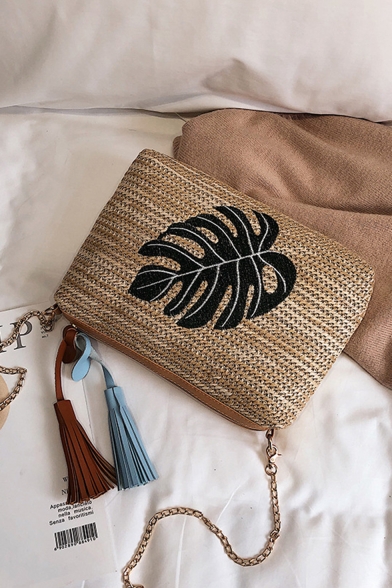 Summer Fashion Leaf Embroidery Pattern Khaki Straw Fringe Crossbody Shoulder Bag 21*5*29 CM