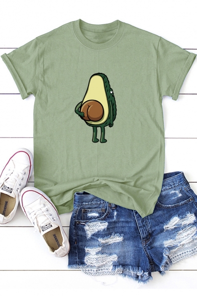 

Summer Funny Cartoon Avocado Printed Basic Round Neck Short Sleeve T-Shirt, Black;burgundy;pink;white;gray;yellow;army green;fluorescent green;marble, LC526194