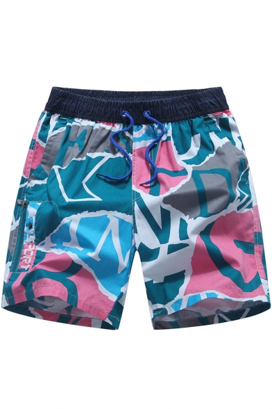 Summer New Stylish Colorblock Drawstring Waist Cotton Loose Swim Trunks for Men