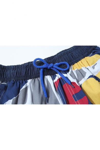 Summer New Stylish Colorblock Drawstring Waist Cotton Loose Swim Trunks for Men