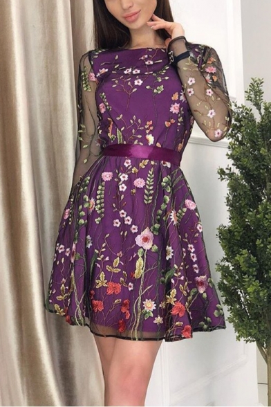 Summer New Trendy Floral Embroidery Long Sleeve Mini A-Line Mesh Dress