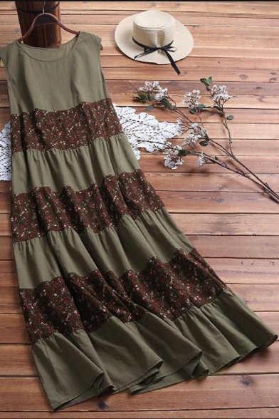 Summer Trendy Floral Printed Round Neck Sleeveless Linen Midi Tank Dress For Women