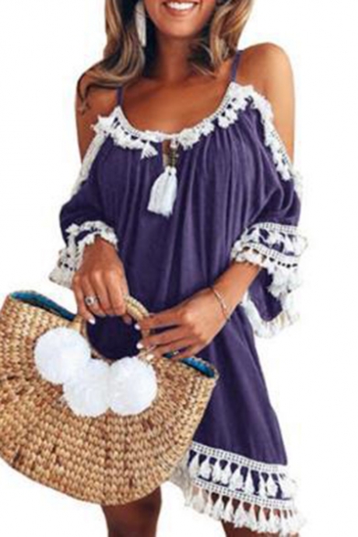 Summer Trendy Plain Printed Halter Cut Out Half Sleeve Tassel Hem Mini Swing Dress