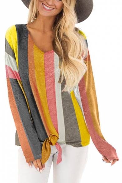 Trendy Colorful Striped Printed V-Neck Long Sleeve Tied Hem Womens Casual Tee