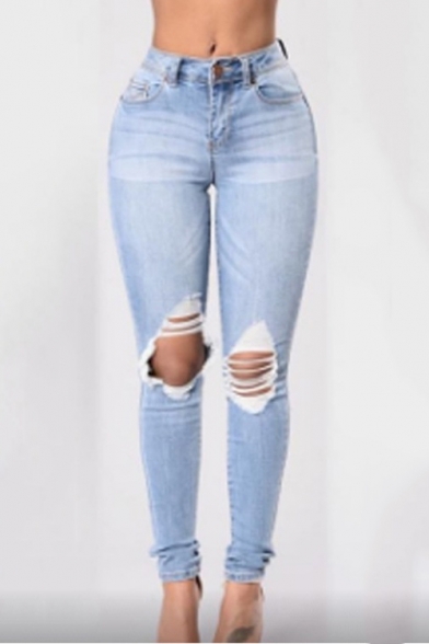Trendy Destroyed Ripped Big Hole Knee Womens Blue Classic Fit Jeans