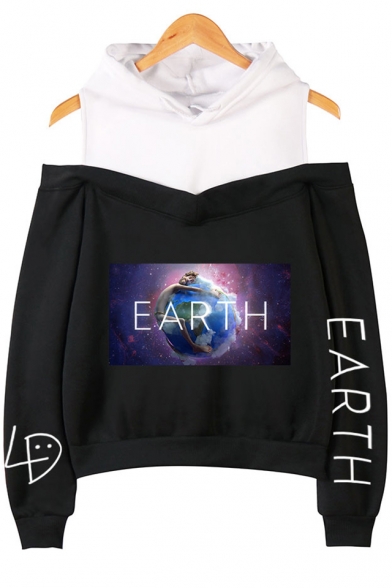 Trendy Galaxy Earth Printed Sexy Cold Shoulder Loose Fit Hoodie