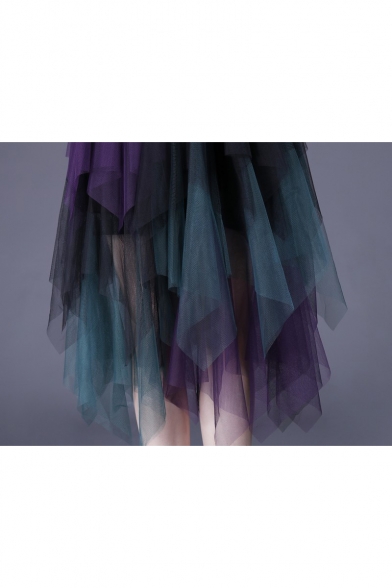 Unique Stylish Colorblock Gathered Waist Midi A-Line Pleated Asymmetrical Mesh Skirt
