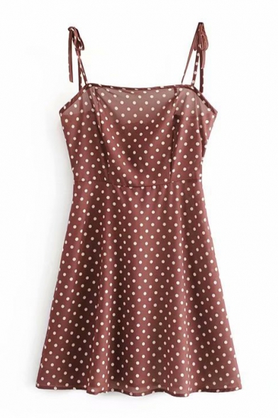 Women's Chic Coffee Polka Dot Printed Mini A-Line Strap Dress